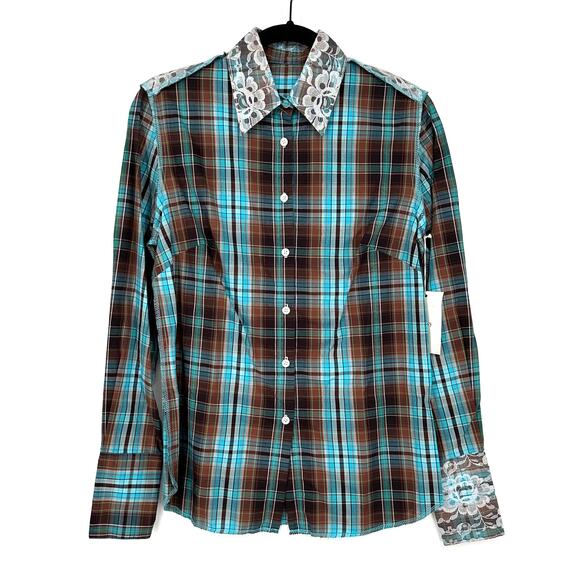 Ears of Buddha Shirt Womens Small Blue Plaid Lace Franky Hand Sewn Sustainable - Picture 1 of 9